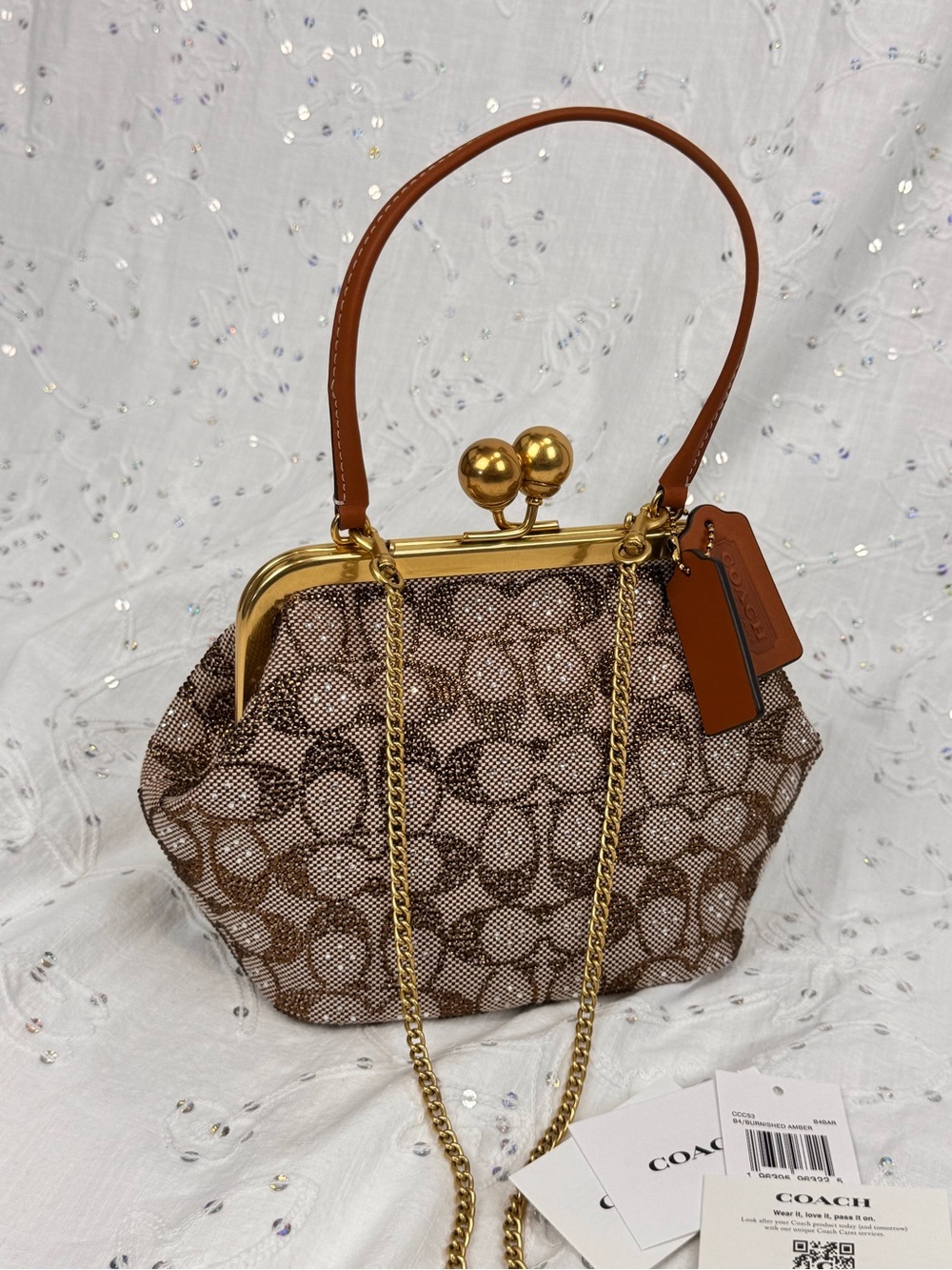 Coach Crystal Signature Brown Jacquard Kisslock 16 Bag - *NEW* - Picture 6 of 9
